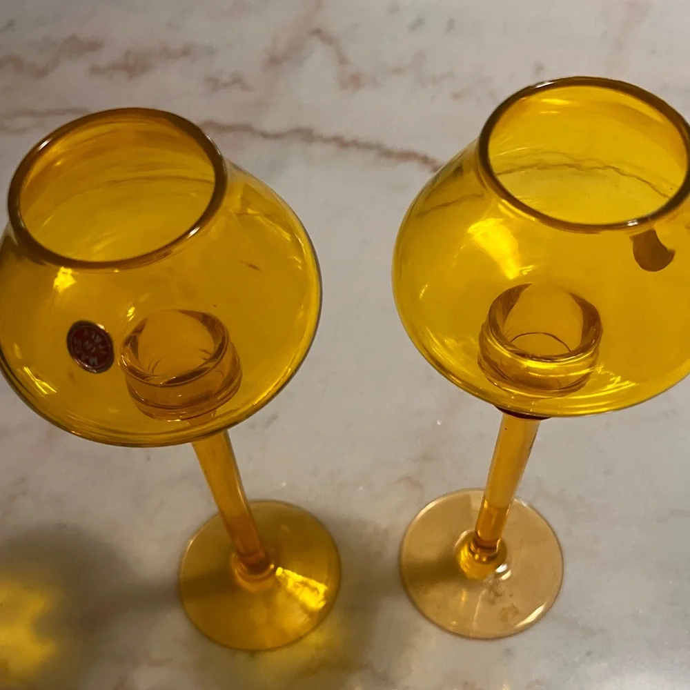 Set Of 2 Vintage Made In Italy Empoli Hand Blown Yellow Glass Candle Sticks